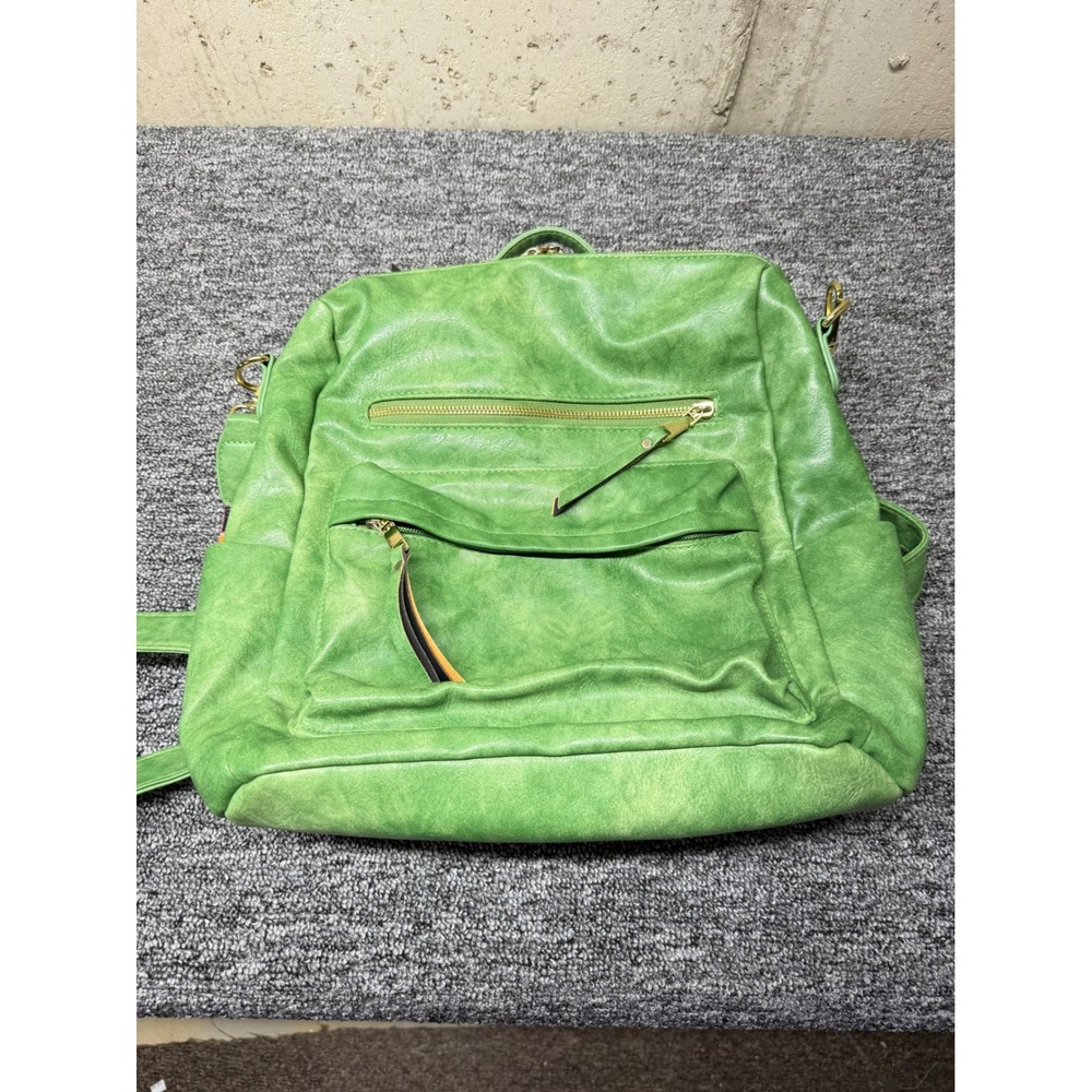 Green Vegan Leather Convertible Backpack Patterned Guitar Strap Gold Hardware